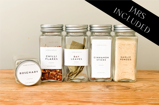 Labelled Square Spice Jars With Shaker Inside Tops & Brushed Silver Lids - Set Of 6 Home Organisation Waterproof Labels