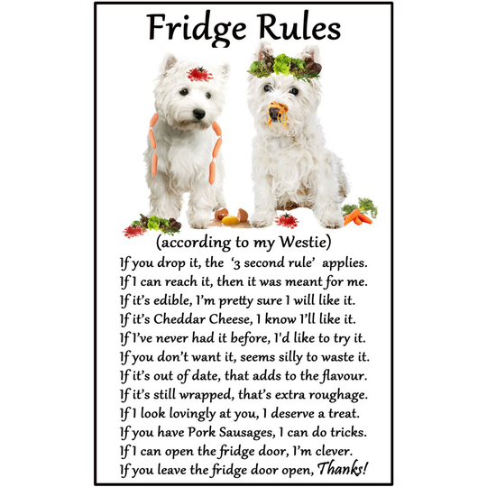 West Highland Terrier, Westie Dog Gift - Fridge Rules - Large flexible Fun Fridge Magnet- size 16cms x 10 cms (approx. 6" x4")