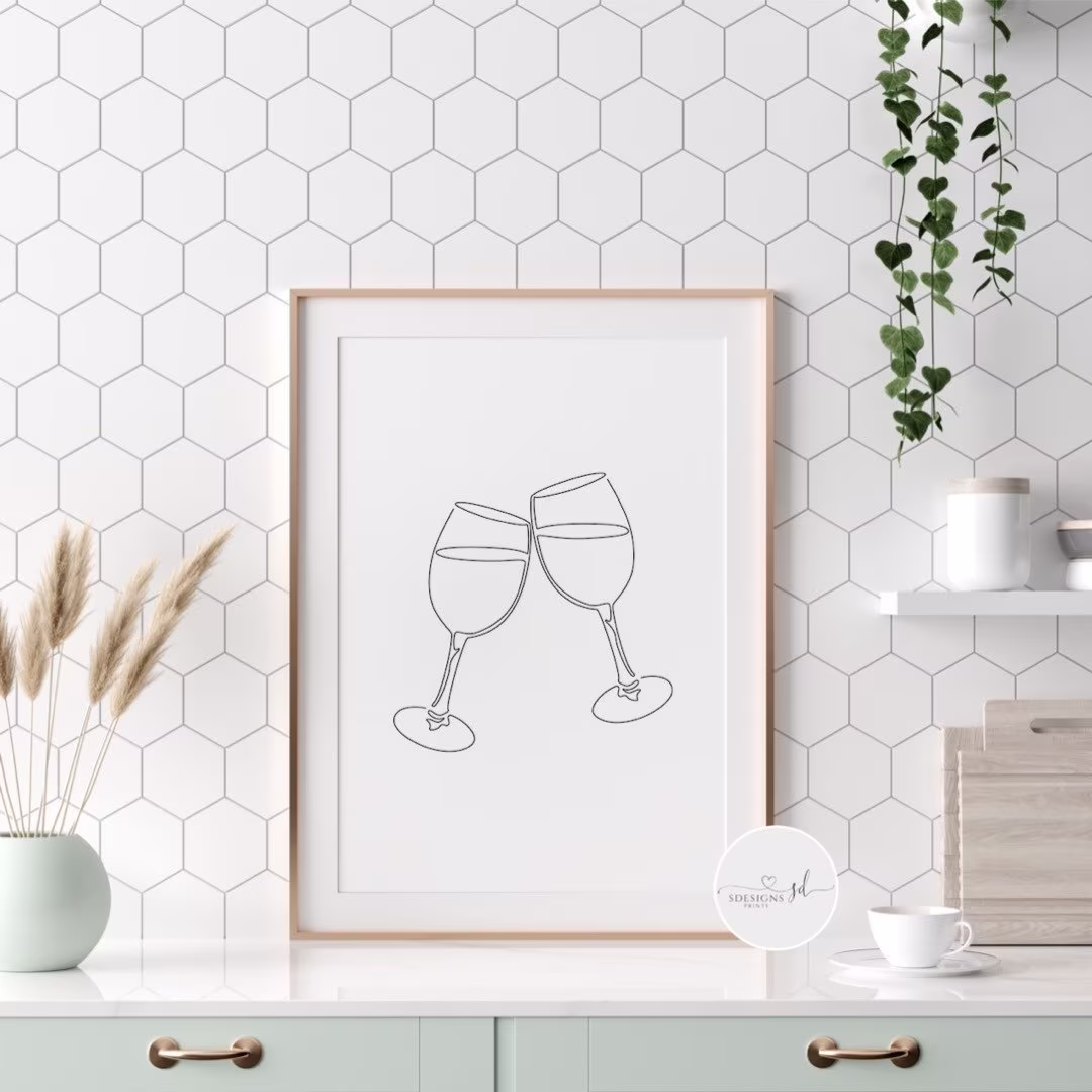 Wine Glasses Line Drawing Print | Champagne Alcohol Art Kitchen Wall Cheers