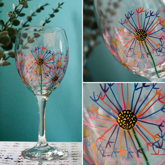 Personalised Wine Glass, Hand Painted, Multicoloured Dandelion, Flower Design, Gift For Her, Birthday