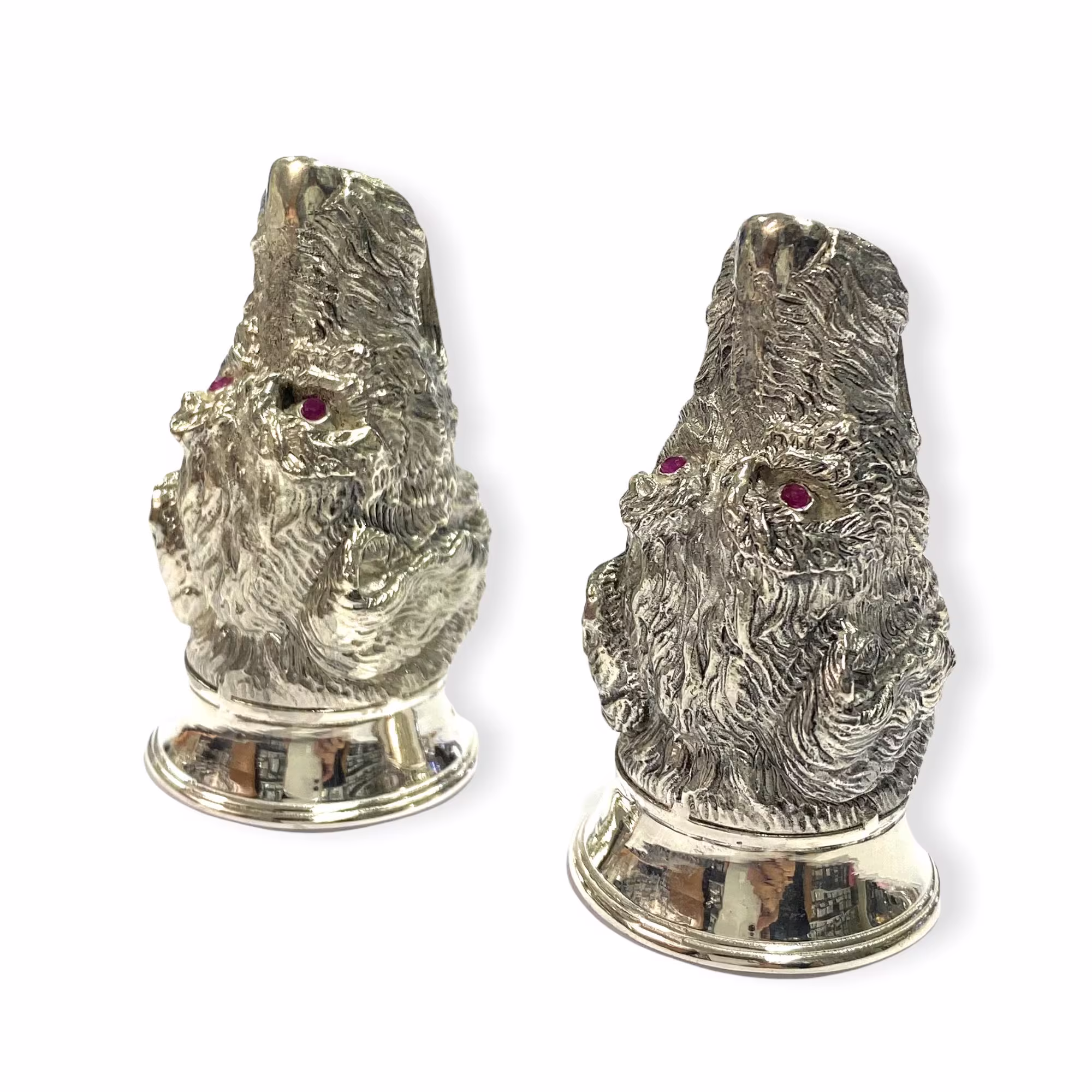 Novelty Dog Head Pair With Ruby Stone Salt & Pepper Shaker Pots 925 Sterling Silver Plated