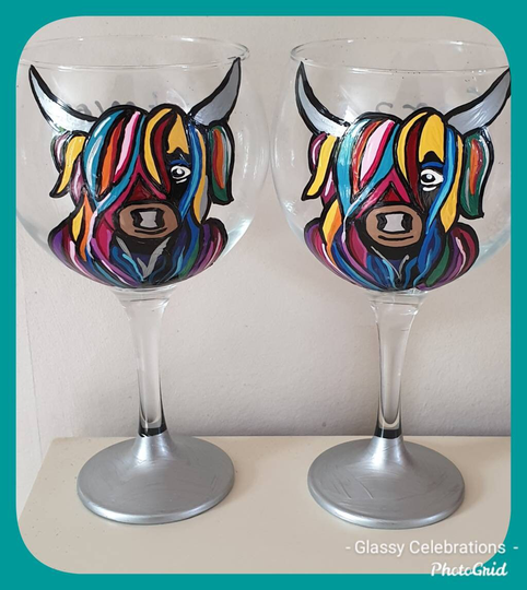 Hand Painted Colourful Longhorn Highland Cow Gin Glass