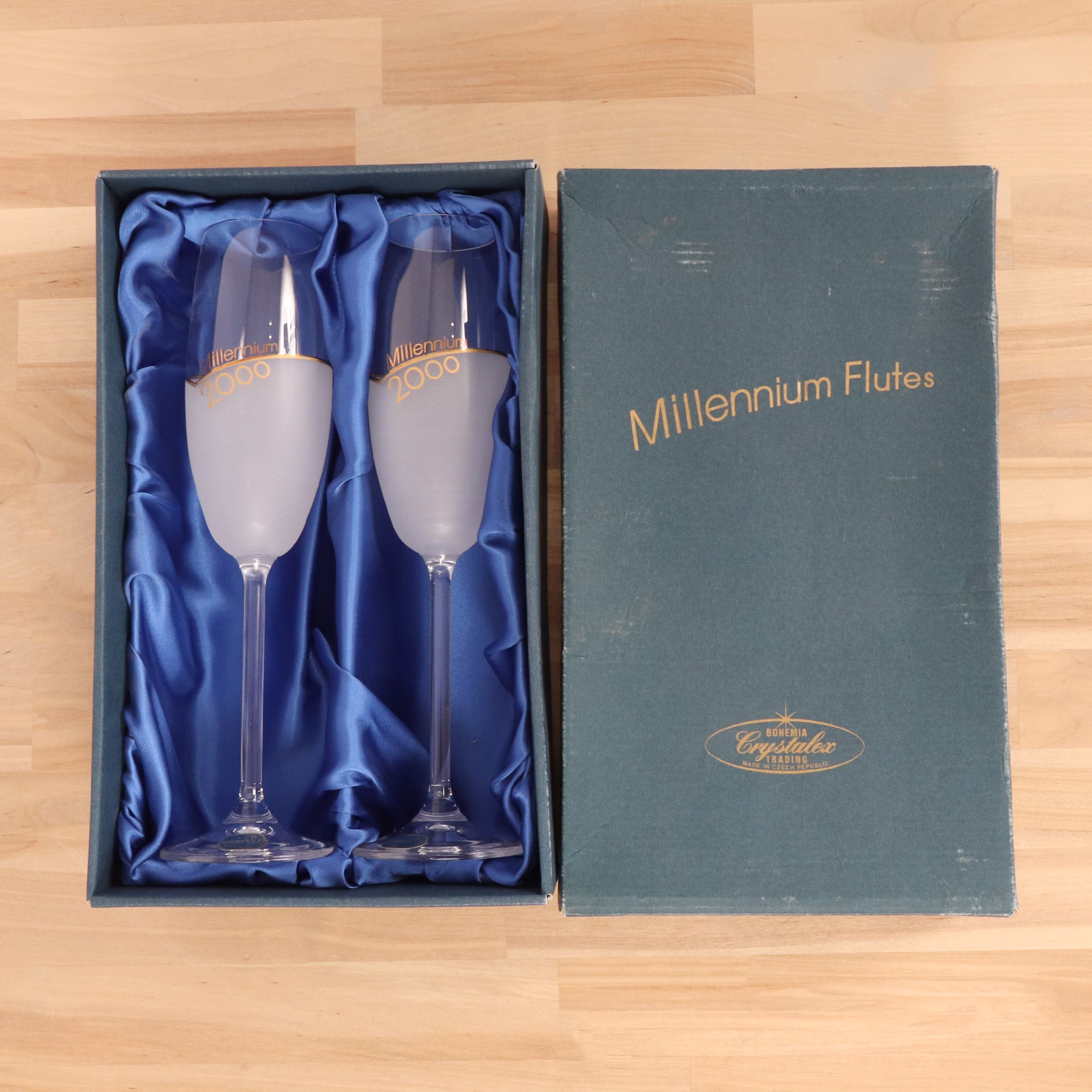 2 Champagne Glasses/Goblets || Bohemia Trading Crystalex Made in Czech Republic Millennium Flutes 2000 Set Of Two