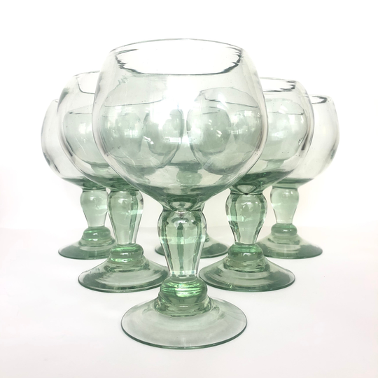 Set Of 6 Handblown Thick Green Glass 20Oz Wine Cocktail Glasses - Vintage Barware Retro