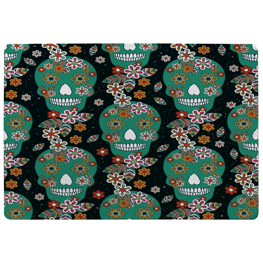 Dudley Embroidery Colourful Simplified Ethnic Flowers and Skull Pattern Designer Shaggy Green/Black/Red Rug