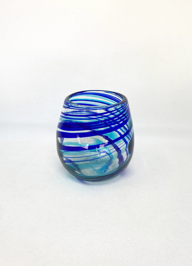 1 Hand Blown Stemless Wine Glass - Turquoise/Blue Swirl