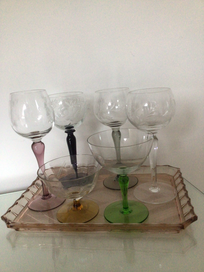 Vintage Champagne Saucers & Wine Hock 1920's To 1970's Tray Retro Kitch Full Size Glasses