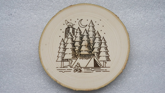 Camping Wood Slice Ornament Or Magnet, Laser Engraved Forest, Tent Camp Decor, Nature Scene Christmas Ornament, Can Personalize