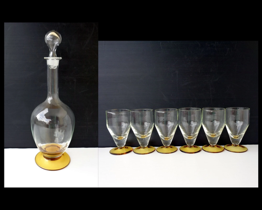 Elegant Vintage Italy Clear Glass With Amber Color Base Glass Decanter Wine Liqueur Carafe 6 Glasses