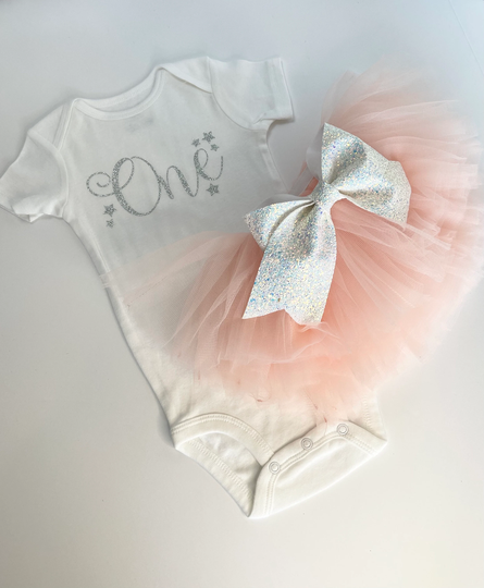 Twinkle Little Star Birthday Outfit, Girl Birthday Silver & Blush Pink Tutu Cake Smash Outfit