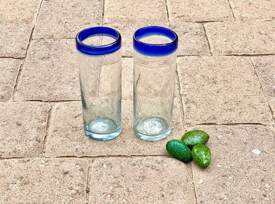 Pair Handblown Mexican Glass Tumblers, Cobalt Trim. Vintage. Artisan. Tall, Thin. Modern, Southwest. Barware. Hecho En Mexico. Spanish