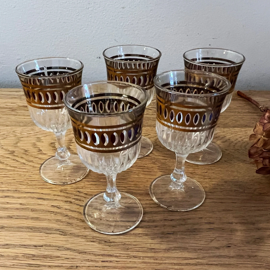 Set Of 5 Small Stemmed Glasses, Drinking Vintage Dining
