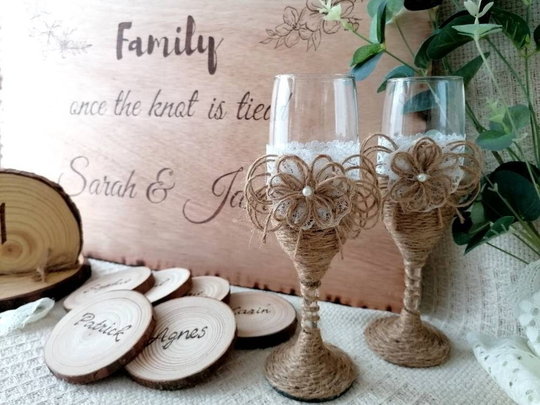 Rustic Wedding Champagne Glasses, Set Of 2 Toasting Flutes, Boho Chic