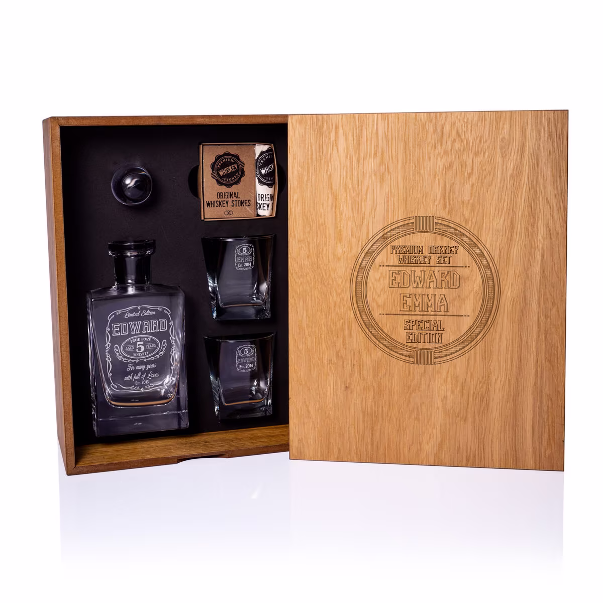 Personalized Whiskey Set As Business Gift. With Decanter & Wooden Box Greeting For Him. Gift Idea