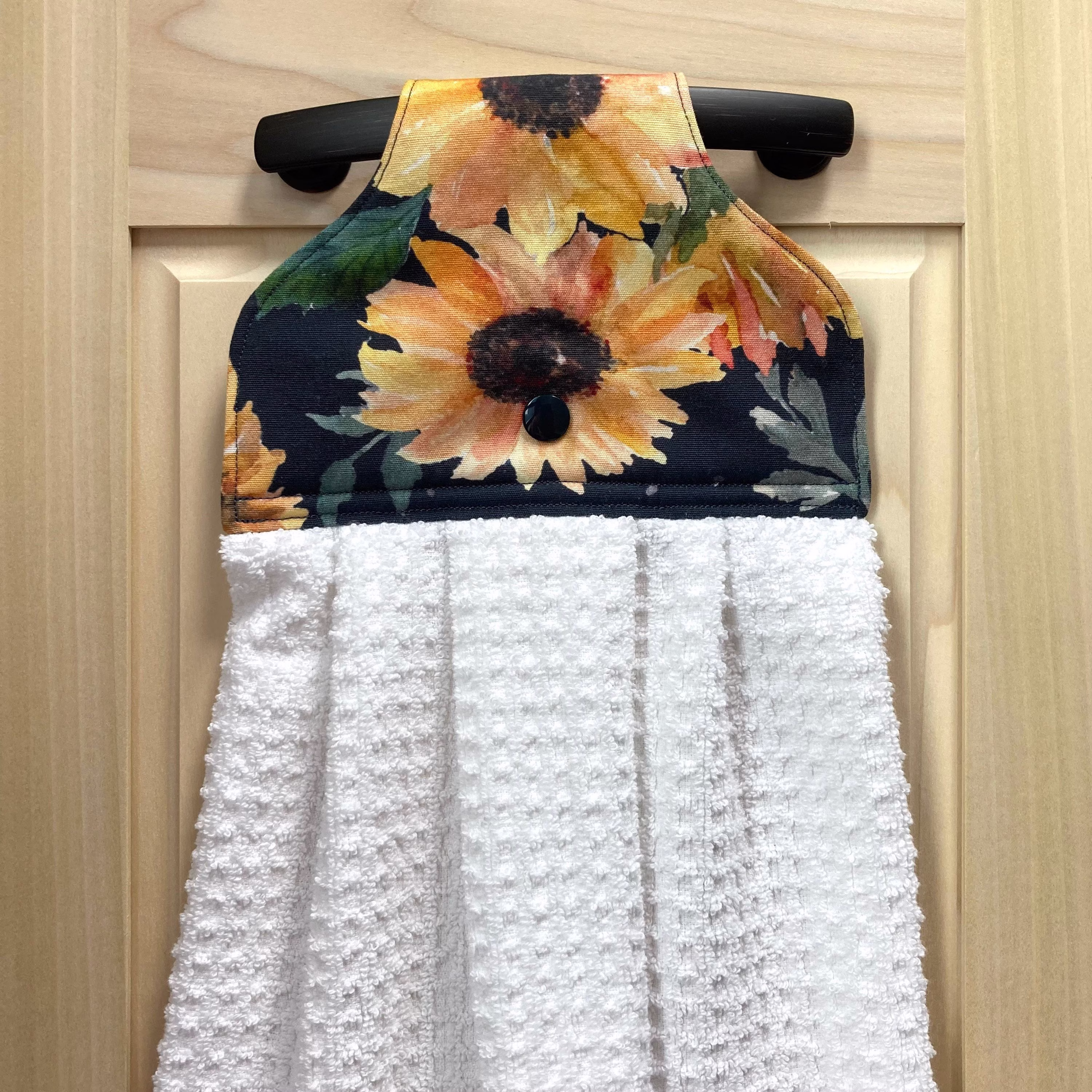 Prairie Sunflower Handmade Hanging Kitchen Hand Towel With Snap Closure, Easy Hang & Stay Put Flower Dish Loop