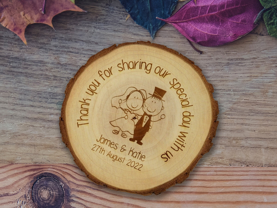 Rustic Wedding Favour Magnets, Wood Round Log Slice, Personalised, Thank You For Sharing Our Special Day, Country Vintage Table Decor