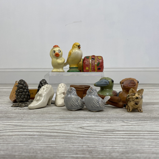 Vintage Salt & Pepper Shakers - Wooden Shakers; Grape Luggage Kookaburra | Mae