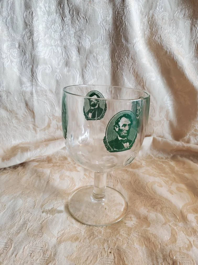 On Sale Rare Find, Bartlett Collins, Clear Glass With Green Transferware, Abraham Lincoln Portrait, Large Thumbprint Glass, Shrimp Cocktail