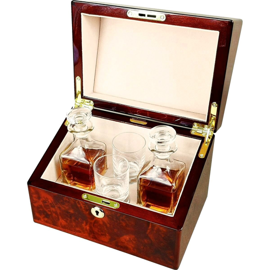 Hillwood Double Mini Decanter & Crystal Shot Glass Set in A Luxury Makah Burlwood Box. | D600Vm