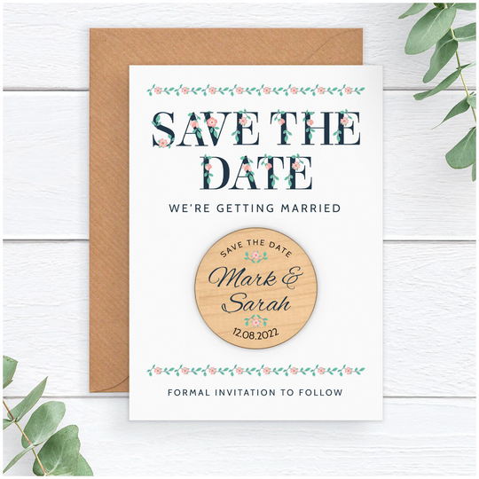 Vintage Typography Save The Date Card Magnet - Personalised Floral Boho Wedding Rustic Fridge Unique
