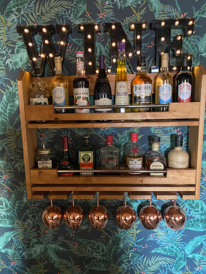 Premium Wall Mounted Double Chrome Bar Solid Pine Handcrafted Drinks Rack With Glass & Bottle Shelf Custom Made To Your Requirement