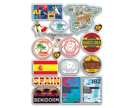 A4 Sticker Sheet Spain Cities Vinyl Stickers - Madrid Benidorm Landmark City Stamp Flag Travel Holiday Culture Scrapbook Luggage Gift #78879