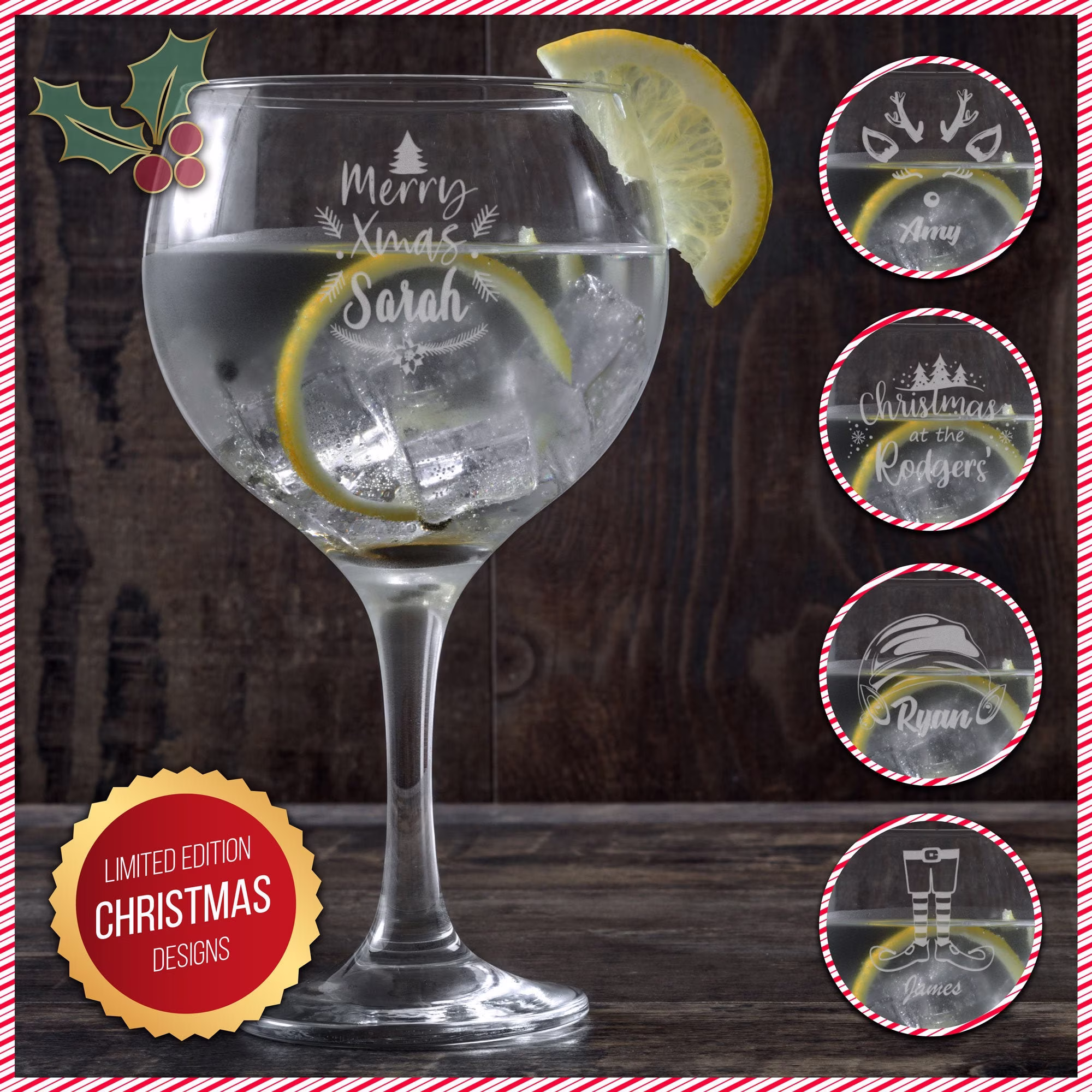 Personalised Christmas Gin Glass, Engraved Ballon Festive Glasses Gift, Custom Text On Your Glassware, Xmas Drinking Glass