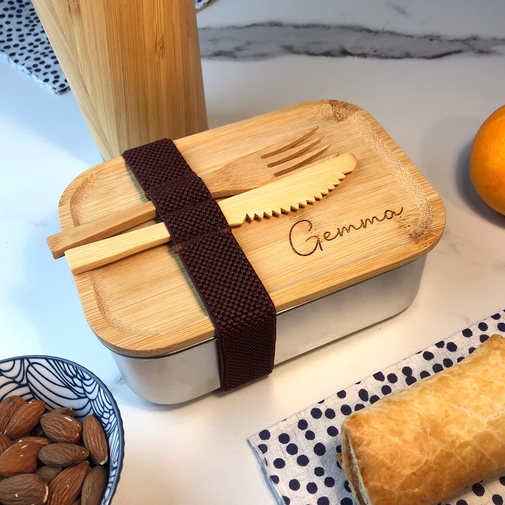 Bamboo Eco Friendly Metal Lunch Box, Personalised Laser Engraved With Your Name Back To Work/School Work, Wooden Utensils