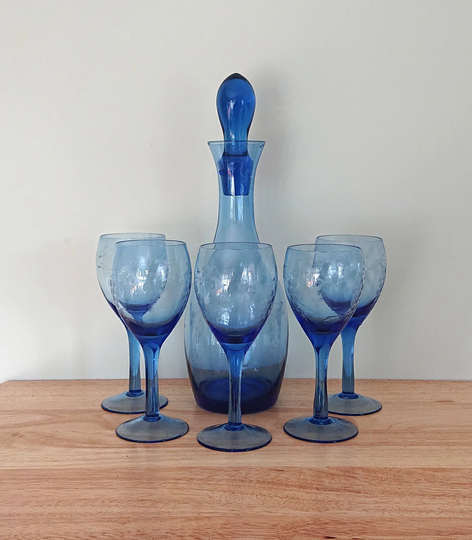 Blue Wine Glasses & Decanter Set Glass Vintage Drinkware Etched Fruit Liqueur Mid Century