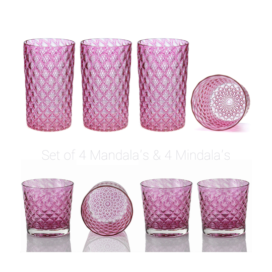 Pomegranate Mindala & Mandala Glass Set Of 8 - Handblown Glassware | Blown Tumblers Colorful Drinkware Cocktail Glasses