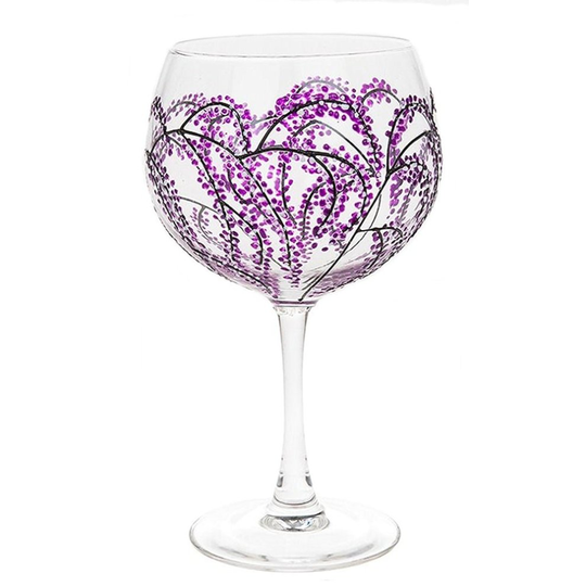 Sunny by Sue Large Gin and Tonic Goblet Hand Decorated Gin Glass 600ml | Japanese Design Purple and White Blossom