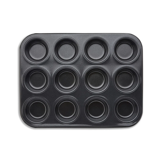 Tower T943006HG7 Deep Muffin Tin with 12 Moulds Made in Aluminized Steel with a Non-Stick Coating, Black
