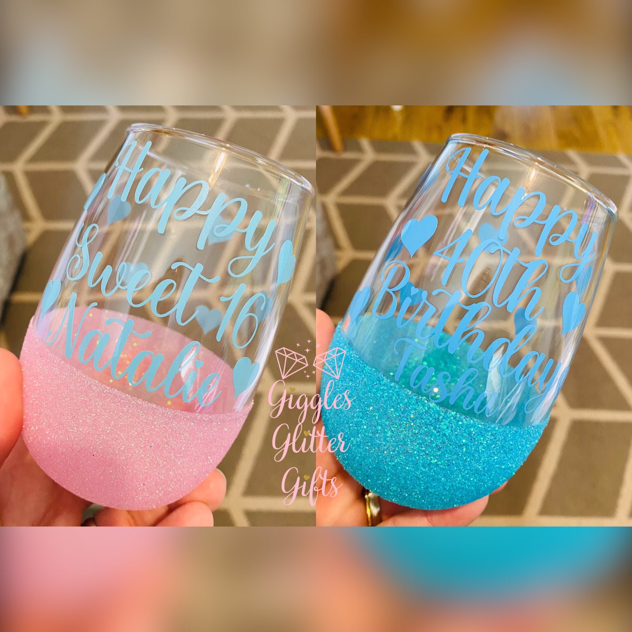 Personalised Stemless Wine Glass, Glitter Dipped, Wedding Bridesmaid Glass