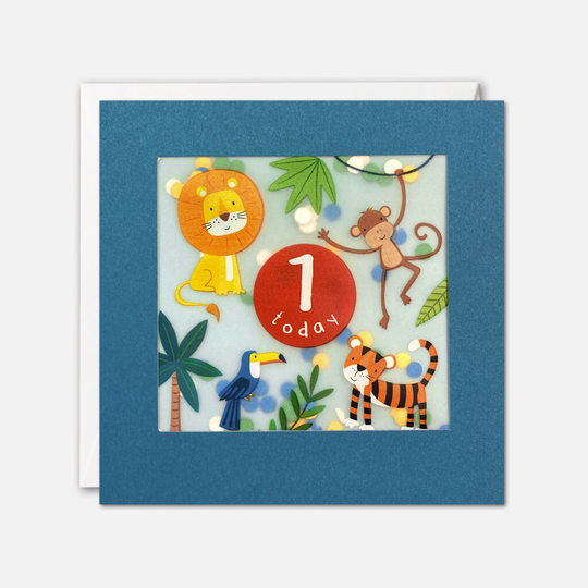 Age 1 Blue Jungle Birthday Card With Paper Confetti - Shakies By James Ellis