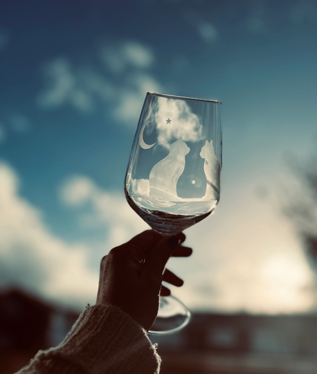 Cat & Moon Design Wine Glass, Cute Mystical Glass