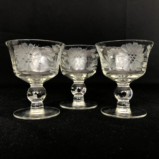 Set Of 3 Vintage W.j. Hughes Cornflower Etched Flared Rim 4.5Oz Cocktail Glasses - Retro Barware