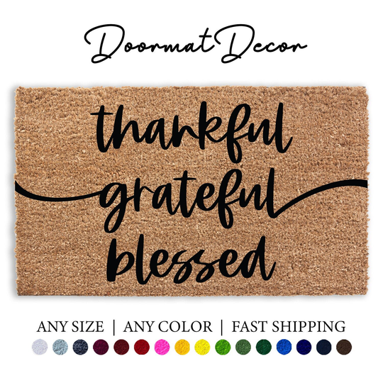 Thankful Grateful Blessed Doormat, Flocked Coir Outdoor Welcome Mat, Personalized Door Custom Rug, Thanksgiving Fall Decor