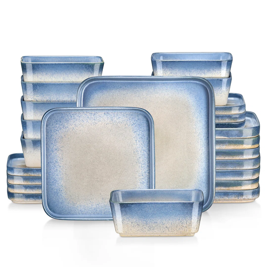 Vancasso Nebula 24-Piece Stoneware Dinner Service Set Blue, Square Crockery Set For 8 People, With 8 Dinner Plates, Dessert Plates And 8 Bowls
