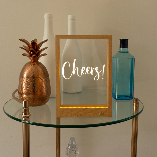 Personalised Wireless Cheers Light Up Led Sign. Custom Made Home Bar Pub Drinks Trolley Wooden Frame Small Neon Sign L404