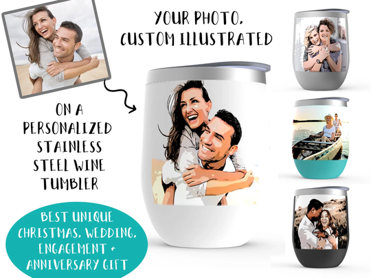Insulated Wine Tumbler Personalized Custom Photo Glasses, Illustration Picture Stemless 12 Oz Cup With Lid, Couples Gift Idea Bride Mrs