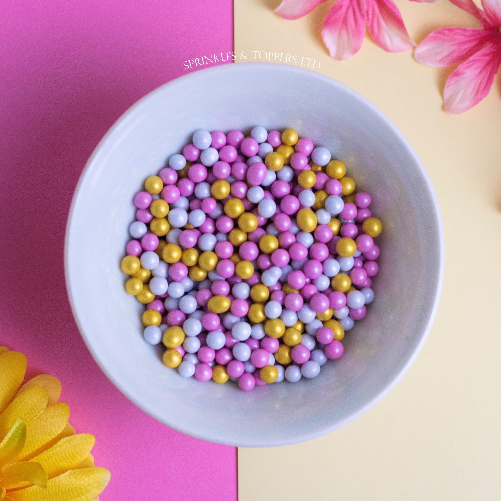 Pearlescent Pink White & Gold Chocolate Balls | 5mm Sprinkles