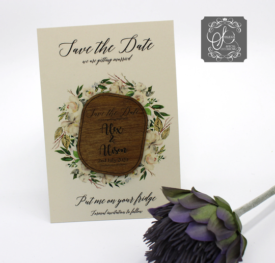 Rose Wreath Detail Wedding Save The Date Card & Fridge Magnet Ivory Card Background
