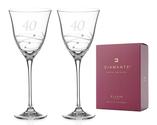 Diamante Swarovski 40Th Birthday Or Anniversary Wine Glasses - Pair Of Crystal With Hand Etched "40