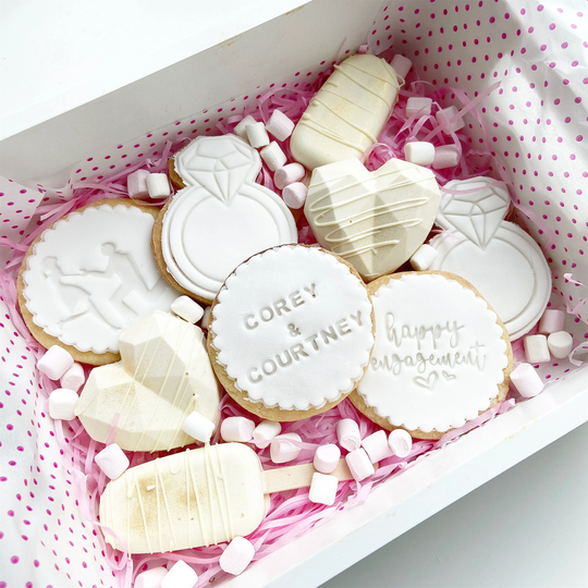 Personalised Happy Engagement Biscuit & Chocolate Box | Cakesicles & Biscuits White Engaged Gifts For Couples Ring Proposal