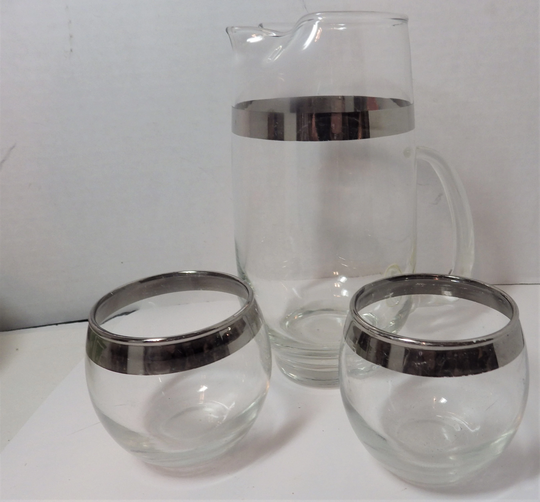 Vintage Mid Century Modern Cocktail Pitcher & Two Roly Poly Glasses Silver Band
