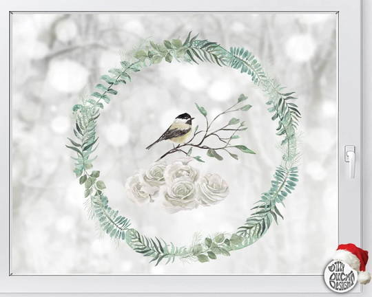 Winter Forest Bird Wreath Window Cling - Classy Green Leaves Christmas Decal -Reusable Watercolour Stickers By Dizzy Duck