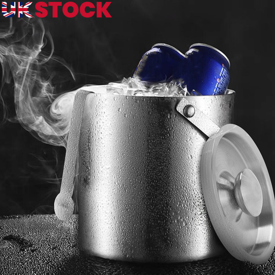 Ice Bucket Silver 2L Stainless Steel Insulated Lid Tongs Wine Cooler
