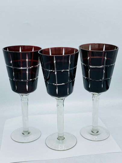Set Of | 3 Ruby Red Etched Cut To Clear Wine Glass Goblets Heavy