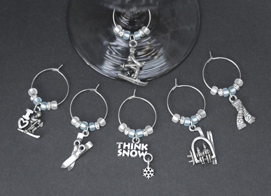Ski Wine Charms-Winter-Snow Charms-Pewter-Set Of 6-Skipewter001-6