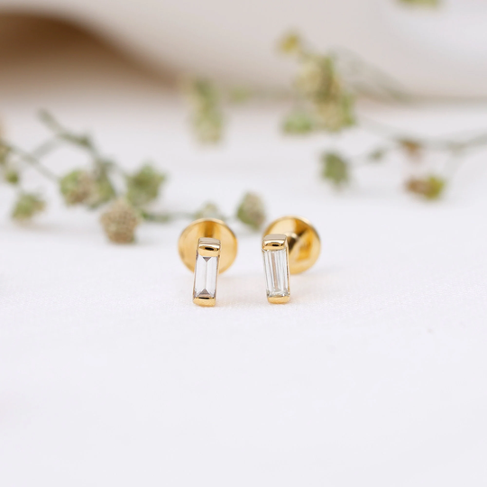 Baguette Diamond Tragus Stud For Women in Solid Gold, Conch Piercing, Rook Earring, Tiny Stud, Birthday Gift, Single Piece
